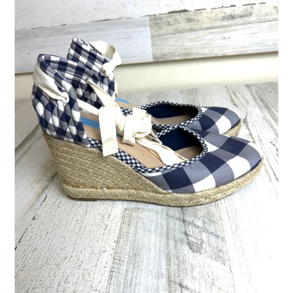 Draper James Womens 9 Navy Blue White Gingham Wedge Espadrille Sandals Shoe NEW - Picture 3 of 10